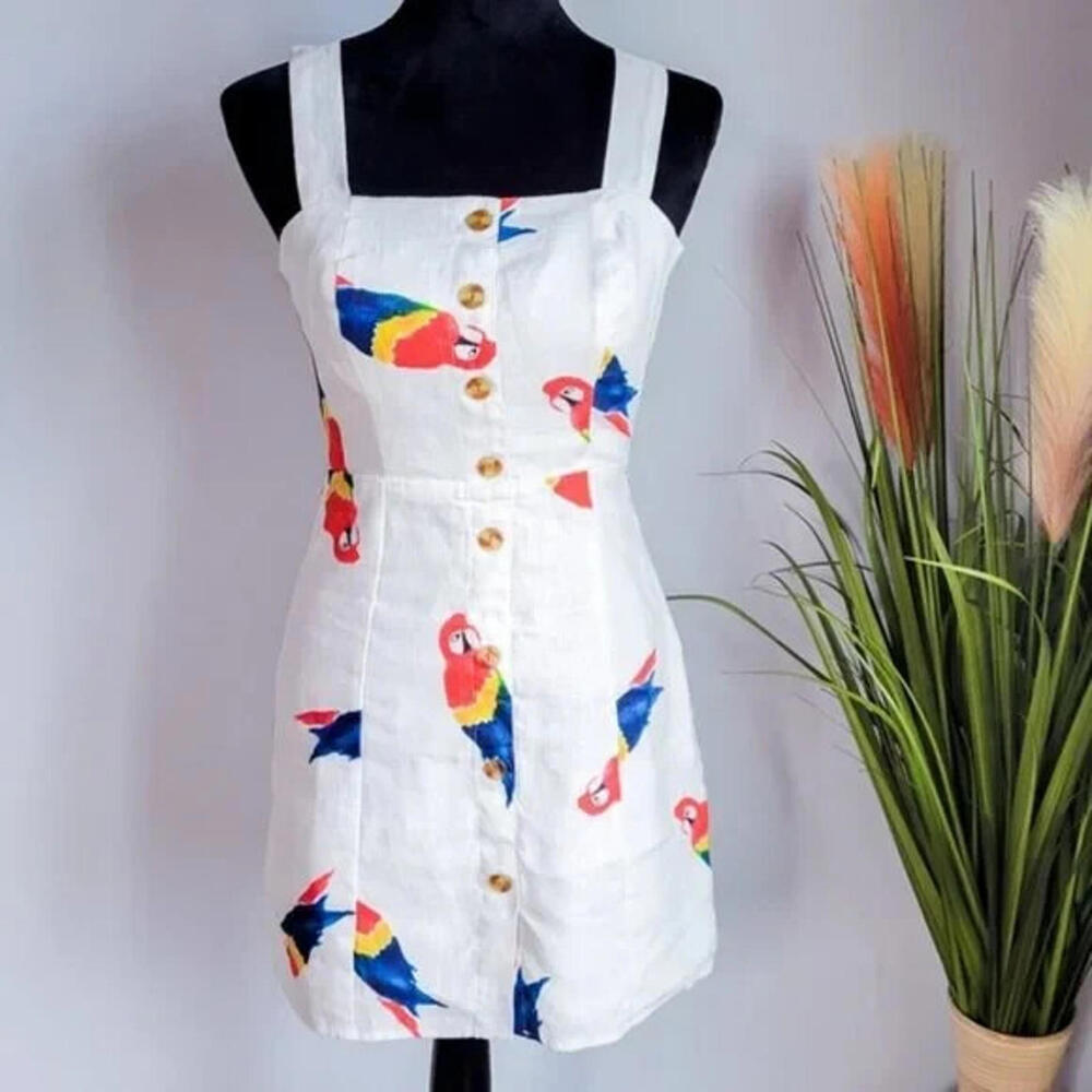 Farm Rio White Linen Macaw Mini Dress Tropical Vacation Cute - XS